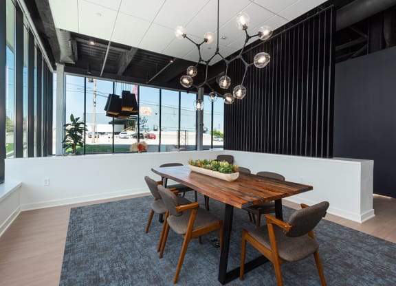 Lobby with stylish table and lighting at Steelcote Square, St. Louis, MO, 63103