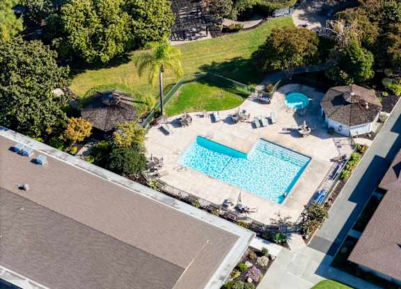 Arial view of the swimming pool  at The Grove at Walnut Creek Apartments in Walnut Creek, CA.