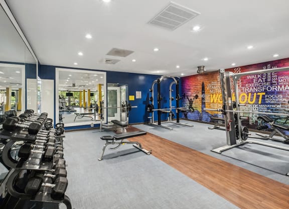 Community Fitness Center with Equipment at Mason Van Dorn Apartments located in Alexandria, VA.