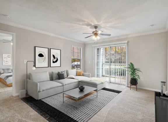 Model living room with sliding glass door
