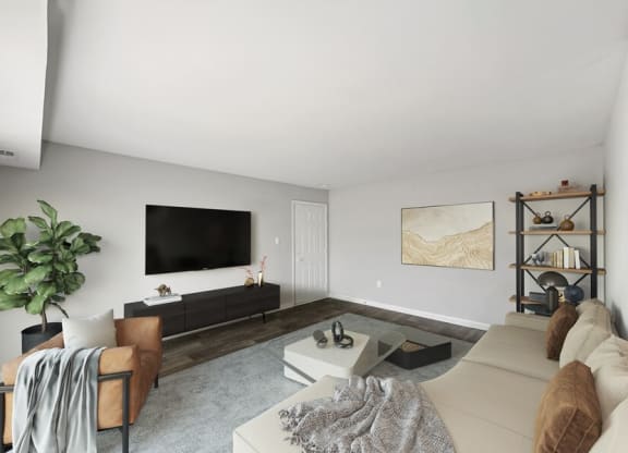 Model living room showcasing large area for furniture.