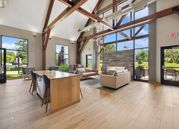 Community Clubhouse with Lounge Furniture and Fireplace at Elevate on Parkway, Burnsville, MN