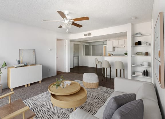 Model living room with ceiling fan