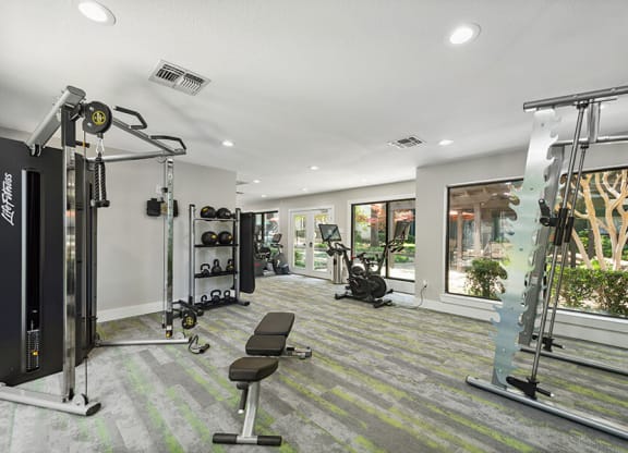 Community Fitness Center with Equipment at Bridges at Deer Run Apartments in Dallas, TX.