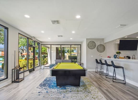 Community Clubhouse Pool Table Area at Bridges at Bayside Apartments in St. Petersburg, FL.