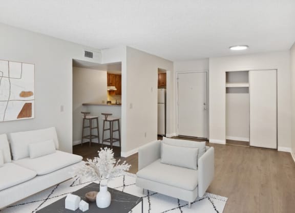Mode living room with view of kitchen