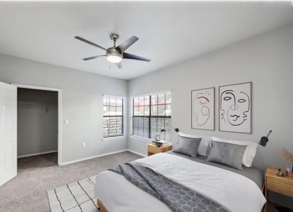Model primary bedroom at Bridges at Oakbend, Lewisvillle, TX, 75067