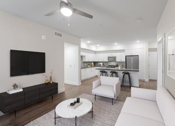 Model living room and kitchen space