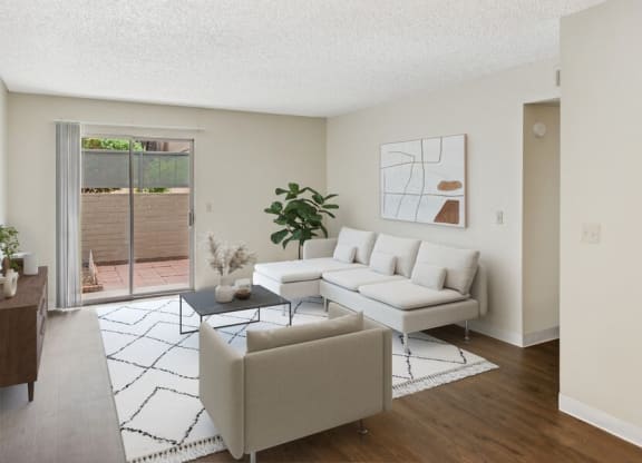 Model living room with glass sliding door