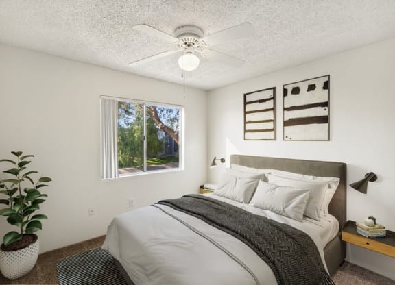 Model classic apartment bedroom with window and ceiling fan