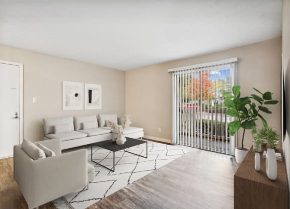 Model living room with patio door