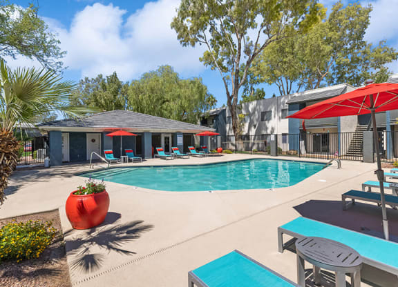 Community Swimming Pool with Pool Furniture at Solano Springs Apartments in Tucson, AZ.