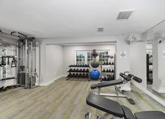 Community Fitness Center with Equipment at Walden Lake Apartments in Plant City, FL.