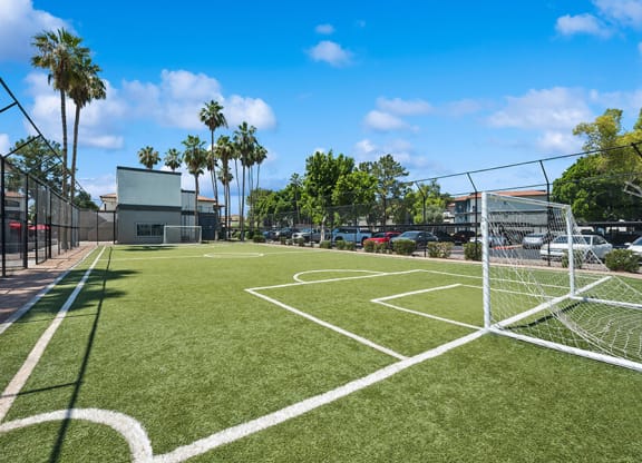 Community Soccer Field with Nets at Country Club Verandas Apartments located in Mesa, AZ.