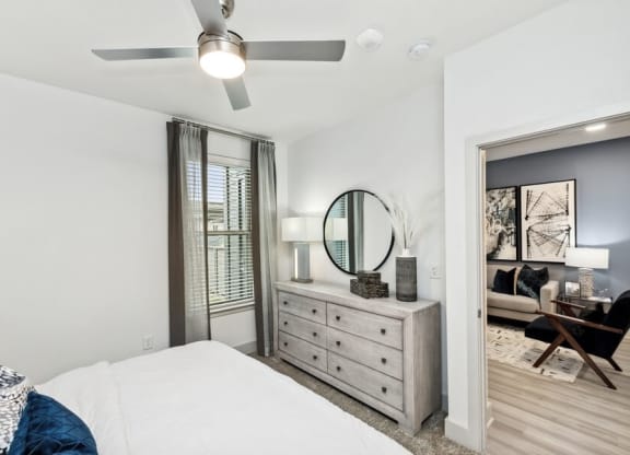 Model bedroom with ceiling fan