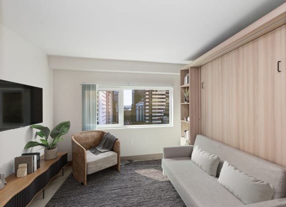 Model apartment with murphy bed stored