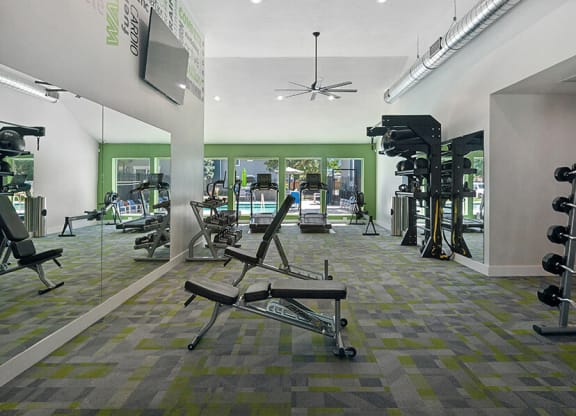 Community Fitness Center with Equipment at Overlook Apartments located in Salt Lake City, UT.