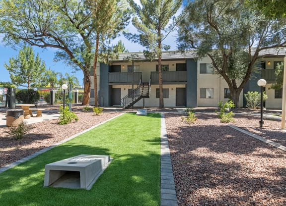 Outdoor Corn Hole Area at Solano Springs Apartments in Tucson, AZ.