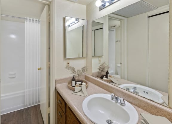 Model bathroom with large vanity