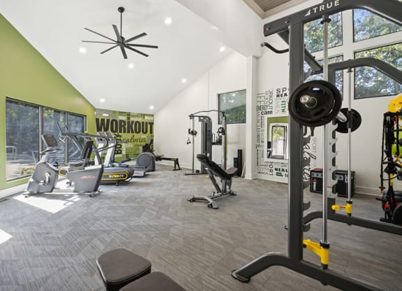 Community Fitness Center with Equipment at Arbor Village Apartments located in Charlotte, NC.