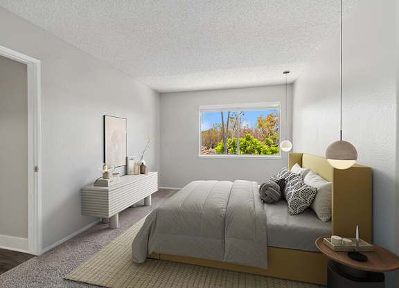 Model Bedroom with Carpet and Window View at Fullerton Hills Apartments located in Fullerton, CA.