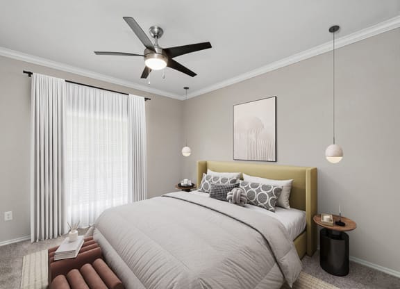 Model Bedroom with Carpet and Window View at Allure North Dallas Apartments located in Dallas, TX.