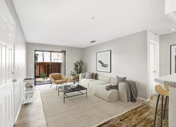 Model living room with glass sliding door