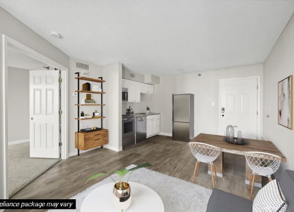 Model living and kitchen area