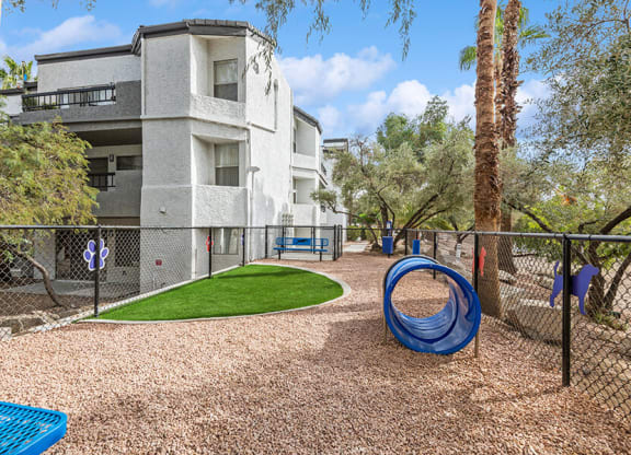 Community Dog Park with Agility Equipment at Crystal Creek Apartments in Phoenix, AZ.