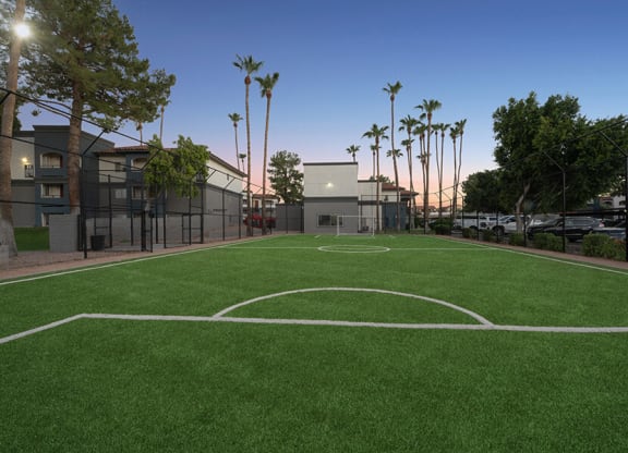 Community Soccer Field with Nets at Country Club Verandas Apartments located in Mesa, AZ.