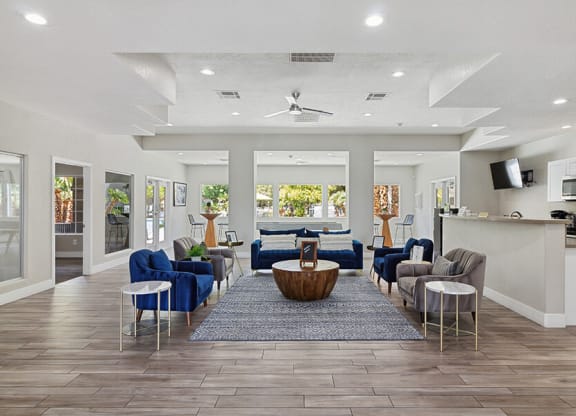 Community Clubhouse with Kitchen Area and Island at Verraso Apartments in Las Vegas, NV.