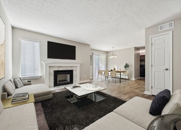 Model living room with fireplace