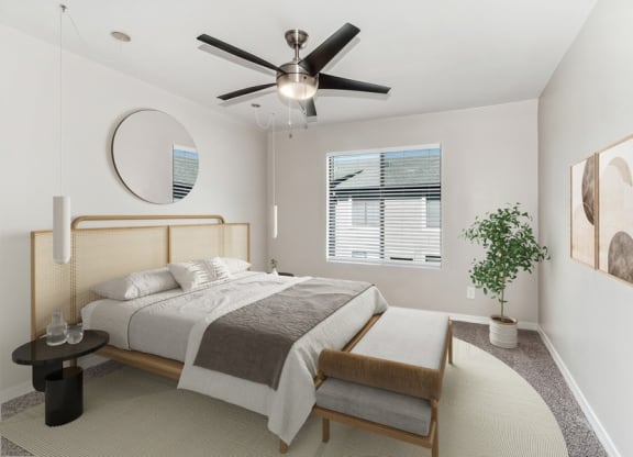 Model bedroom with ceiling fan