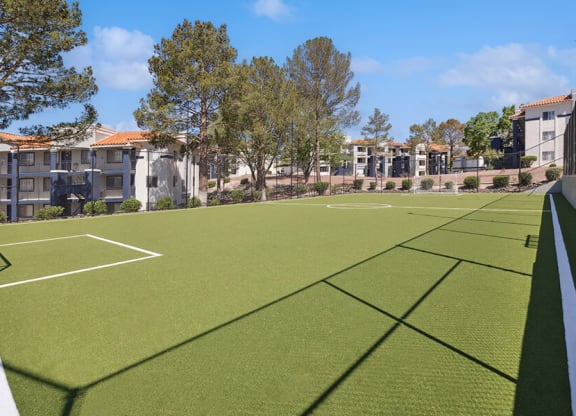 Community Soccer Field with Nets at Hilands Apartments in Tucson, AZ.