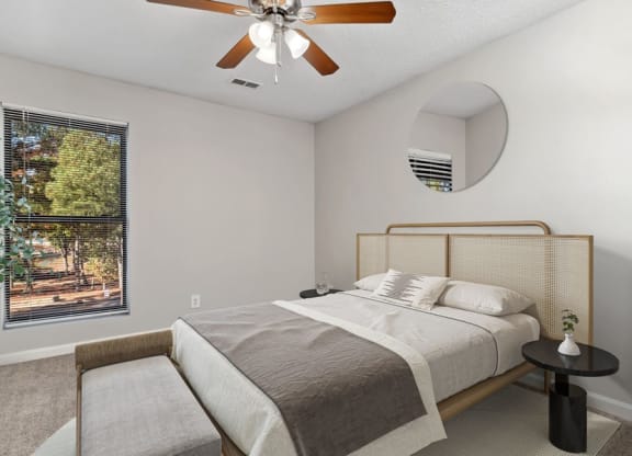 Model bedroom with ceiling fan