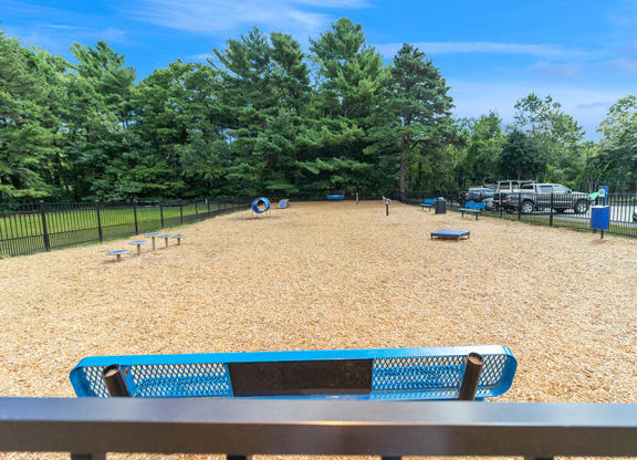Community Dog Park with Agility Equipment at Village at Marshfield Apartments located in Marshfield, MA.
