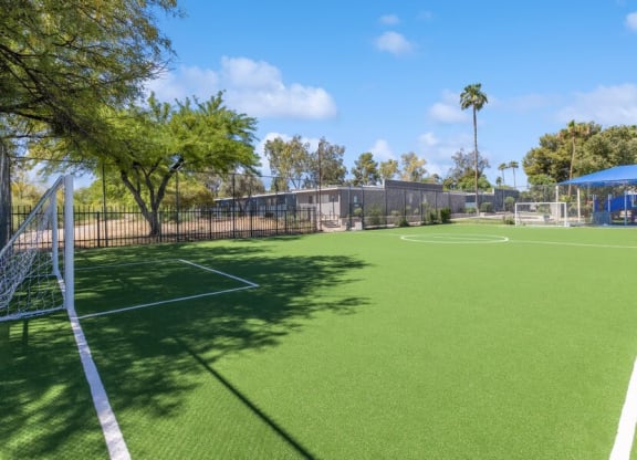 Community Soccer Field with Nets at Lakeside Casitas Apartments in Tucson, AZ.