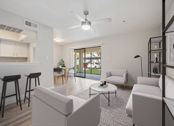 Model living room with sliding glass door
