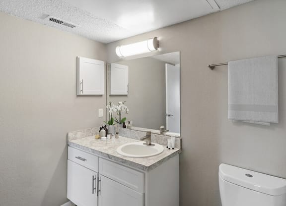 Model Bathroom with White Cabinets and Wood- Style Flooring at Abbington Heights Apartments in Antioch, TN.