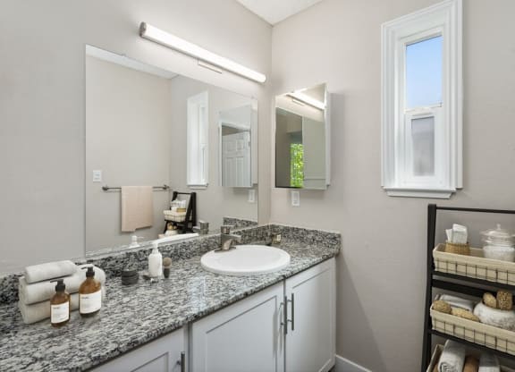 Model bathroom with white vanity