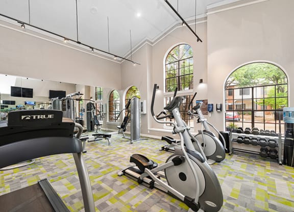 Community Fitness Center with Equipment at Dallas North Park Apartments in Dallas, TX.