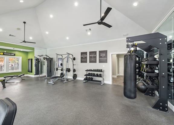 Community Fitness Center with Equipment at Bridges at Oakbend Apartments in Lewisville, TX.