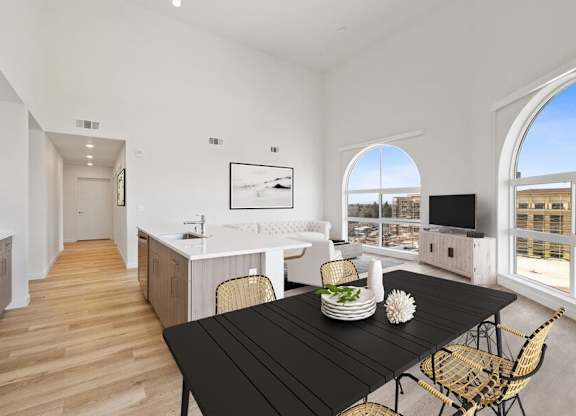 Model kitchen space with arch window