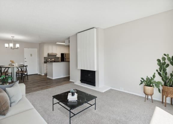 Model living room with fireplace