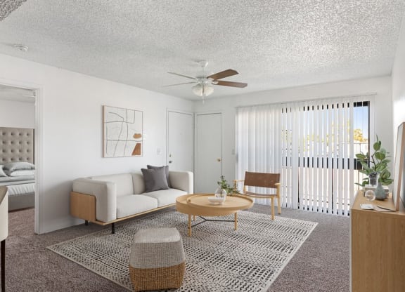 Model living room with sliding glass door