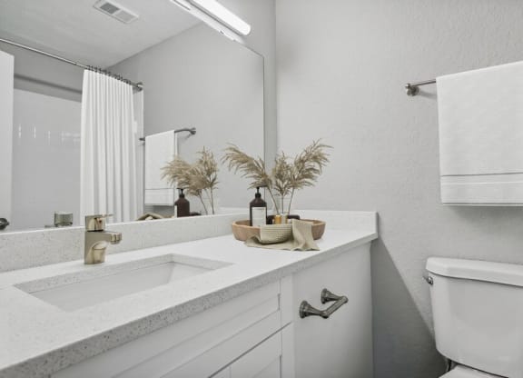 Model bathroom with white vanity