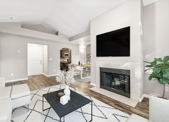 Model living room and fireplace