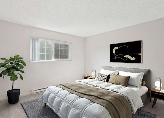 Model Bedroom with Carpet and Window View at Los Gatos Landing Apartments located in San Jose, CA.