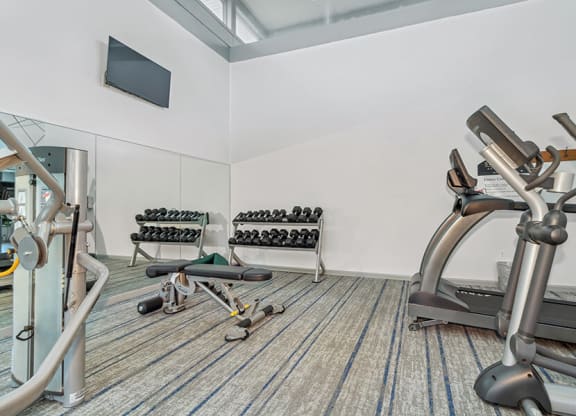 Fitness center interior with exercise equipment  at Stone Ends apartments in Stoughton, MA