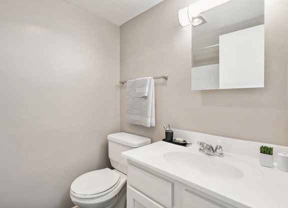 Model Bathroom with White Cabinets and Wood-Style Flooring at Spring Parc Apartments in Silver Spring, MD.